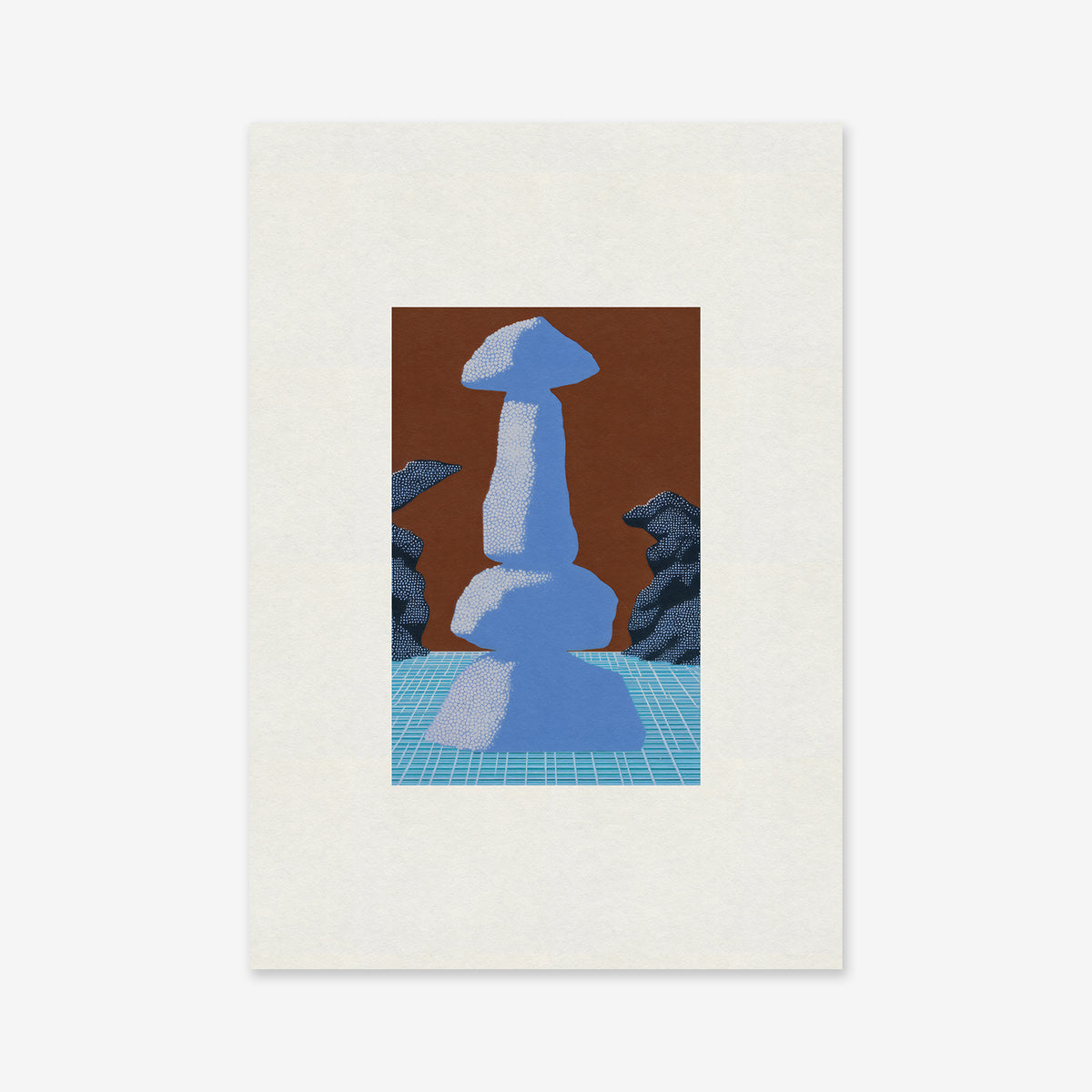 ‘Ishi-hana’ is a digital artwork showing stacked blue abstract stone forms on a grid with textured rocks and a brown backdrop, all within a white border. Ideal as a giclée art print for adding modern flair to your space.