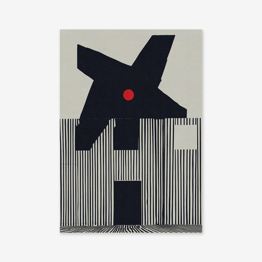 Surveillance" is a Giclée art print on archival paper, showcasing a bold black X with a central red dot above stylized black and white stripes—ideal for adding modern flair to your space.